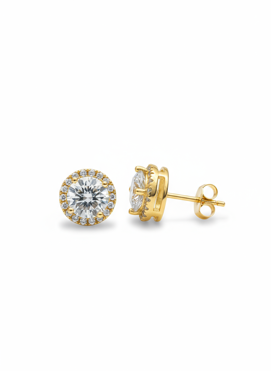 โGolden Glow โจ 1 Carat Moissanite Halo Stud Earringsโ